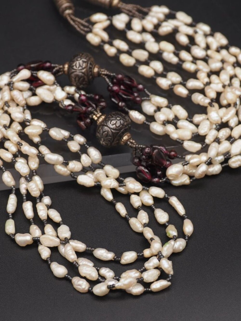 Vintage Pearl Garnet Necklace 20” Multi Strand Japanese Beaded Statement Necklac